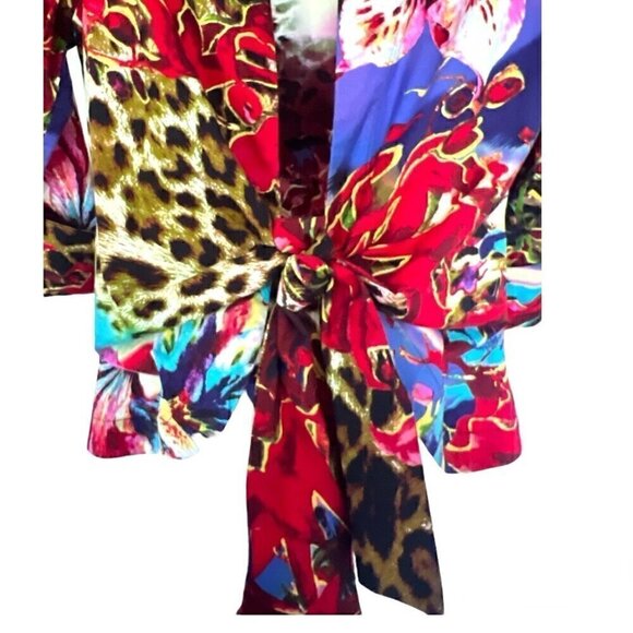 Mishca Tie Front Women's Blouse Vibrant Colors Multi Patterned Top Size Medium - Picture 3 of 5